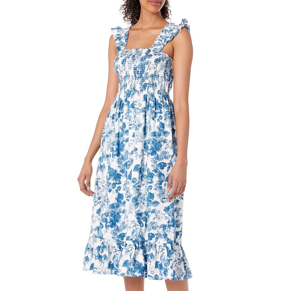 NWT The Drop Women's Kimi Ruffled Shoulder Smocked Midi Dress